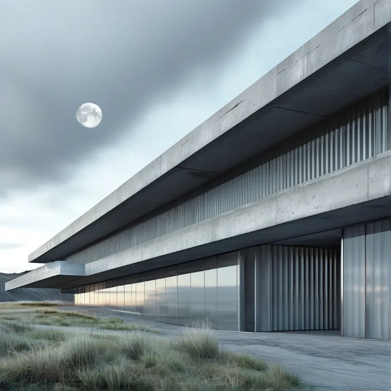 A sleek cantilevered concrete structure rests on open grassland at dusk with a full moon in overcast sky.