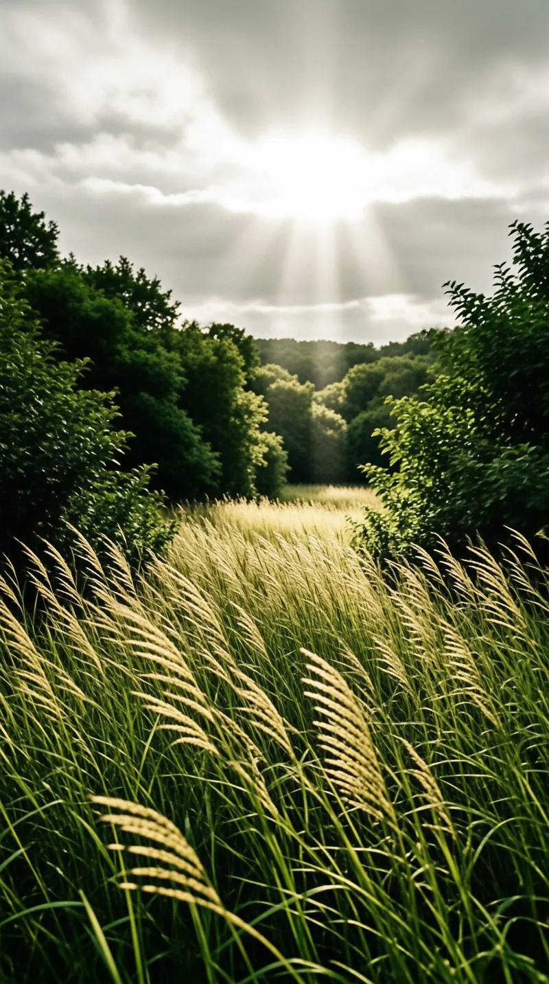 A corridor of lush vegetation frames a golden meadow where rays of sunlight pierce the cloudy sky above the treeline.