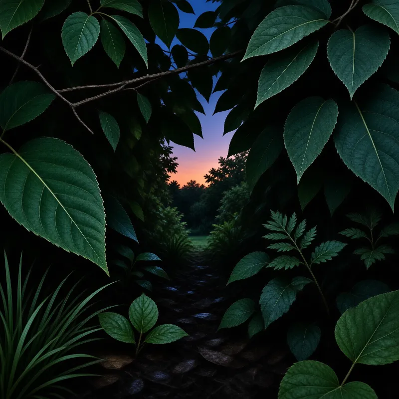 Large green leaves frame a dark forest path leading toward a gradient sunset sky.