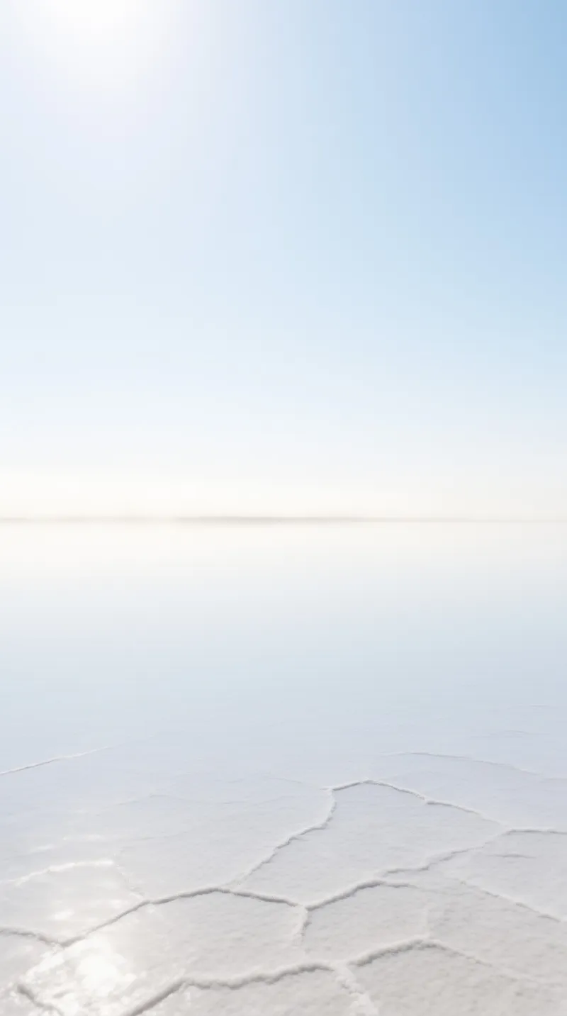 A vast white salt crust breaks into geometric plates under a soft gradient of morning sky.
