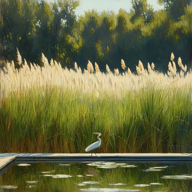 A solitary white heron stands on a wooden ledge with tall flowering reeds and trees in the background