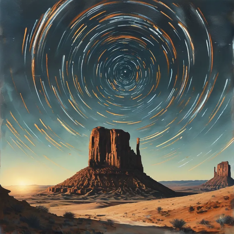 A large reddish rock formation stands in a desert while concentric star trails rotate in the dark sky.