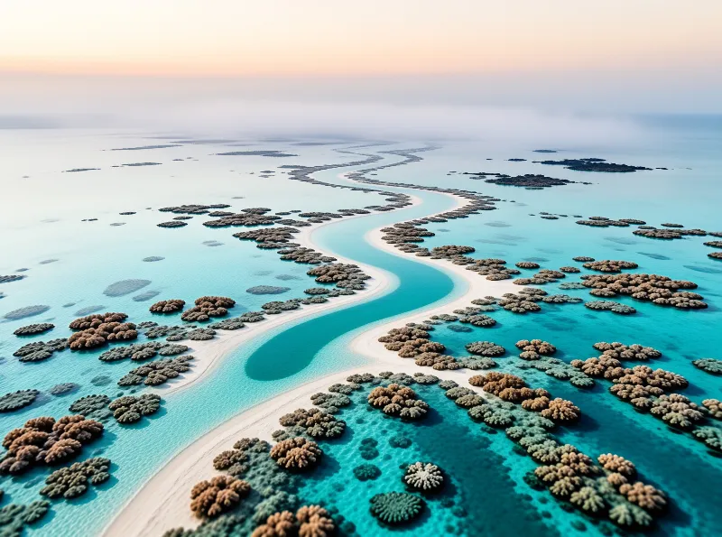Aerial view captures a sinuous sandbar with coral reefs in crystal clear blue water.