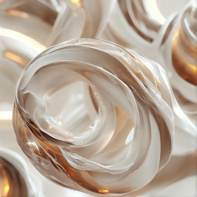 A detailed view of smooth beige liquid swirling into a spiral shape with soft golden reflections on the surface.