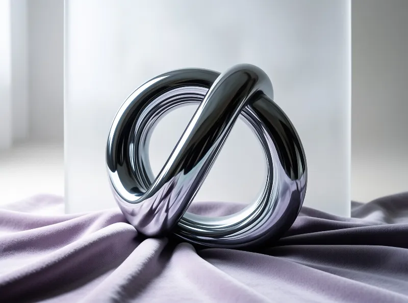 A polished metallic knot sculpture resting on draped lilac cloth in soft diffused studio light