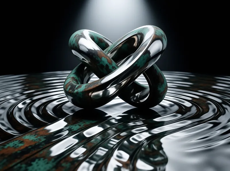 Polished interlocking metal rings with green patina rest on rippling dark water beneath an overhead spotlight