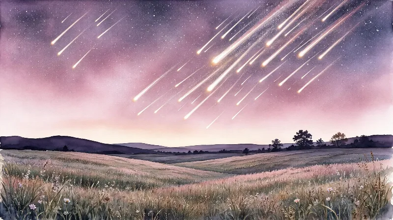 A field of wildflowers and rolling hills under a twilight sky with a meteor shower