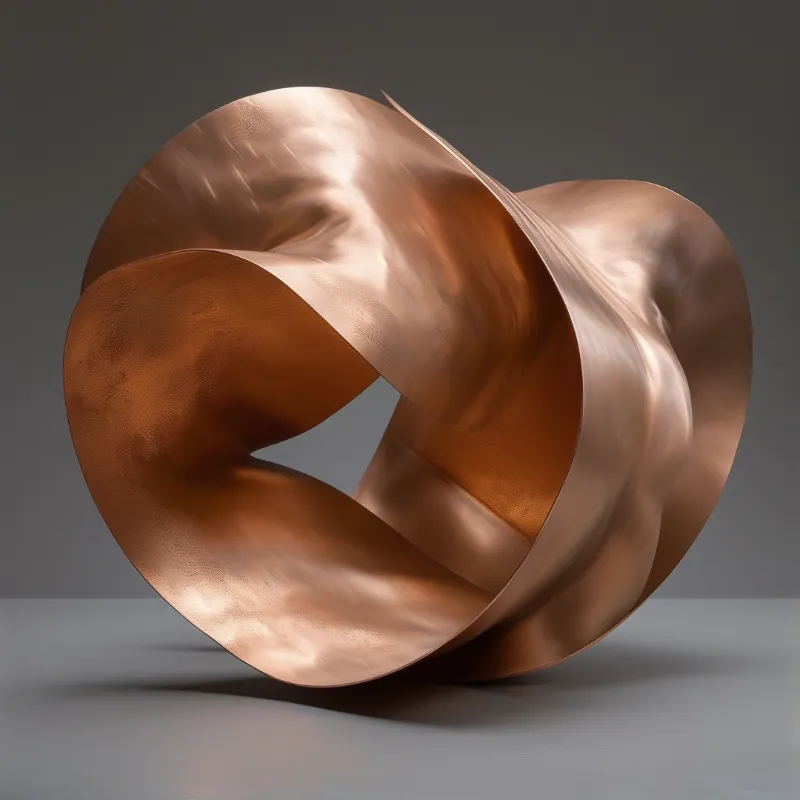 A wide band of hammered copper twists into a continuous knot, its warm surface catching neutral studio light.