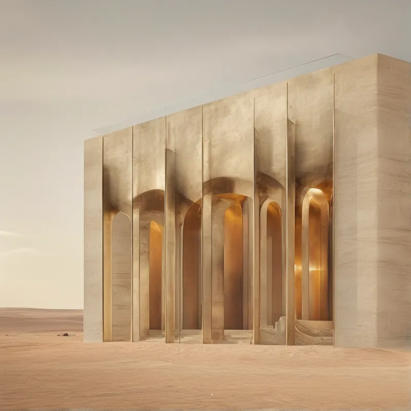 A minimalist concrete building with arched openings stands isolated in a vast desert landscape under a hazy sky.