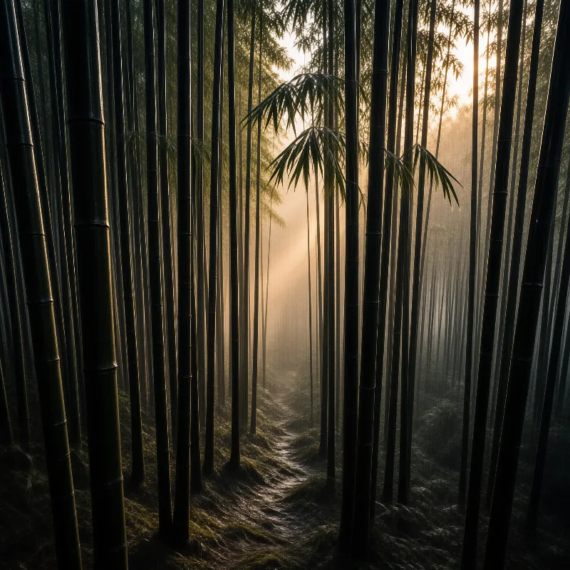 Tall bamboo trees line a path vanishing into fog as golden sunlight filters through the canopy to illuminate the dark trunks.