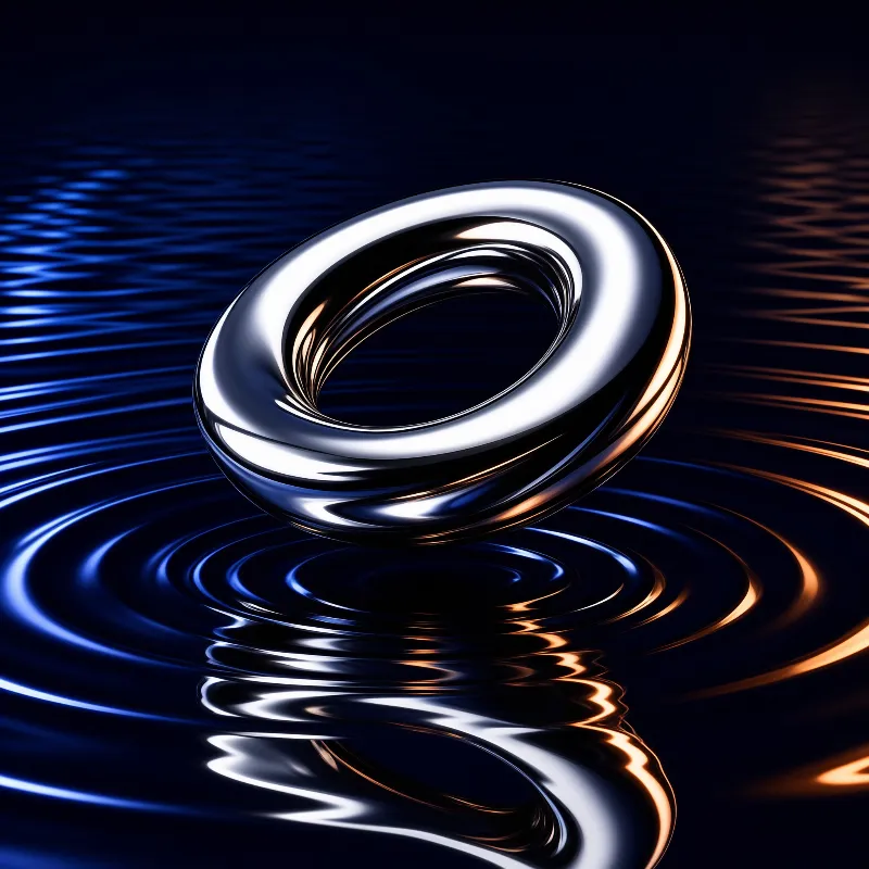 Polished metal ring floating above dark water with blue and orange rippling reflections across the liquid surface.