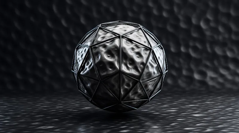 A wireframe polyhedron encasing a crinkled silver surface rests on a floor covered in dappled light.