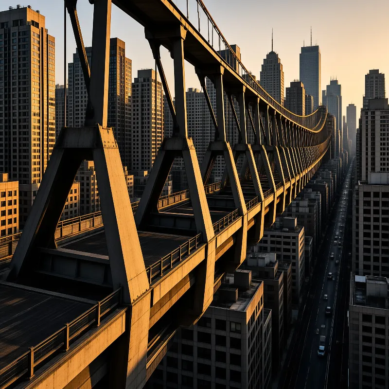 A massive elevated highway sweeps between skyscrapers bathed in warm golden evening light.