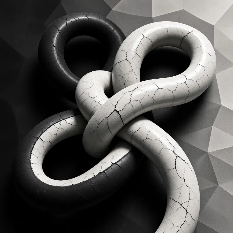 A black and white knotted tube with cracked surfaces rests on a faceted geometric background.