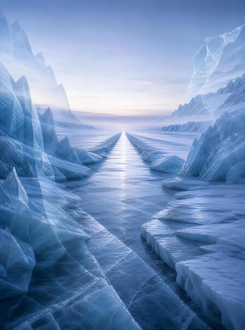 A narrow ice channel stretches toward the horizon between towering frozen formations under a soft blue hour sky.