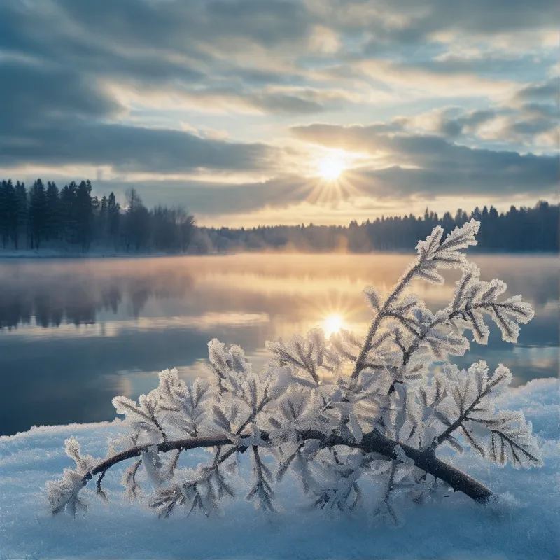 A twig encrusted with white ice rests near the water while a bright sun shines through clouds over a frozen river.