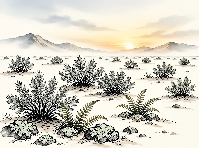 Illustration of shrubs and lichen rocks across a desert plain with distant mountains under a warm glowing sky.