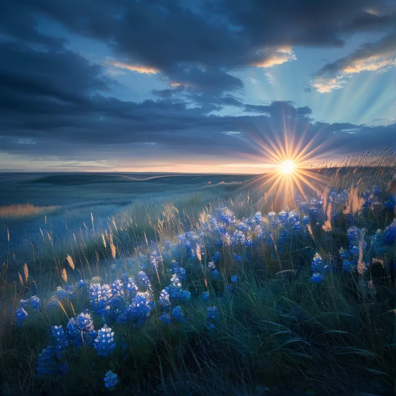 Sunrise Over Blue Flowers