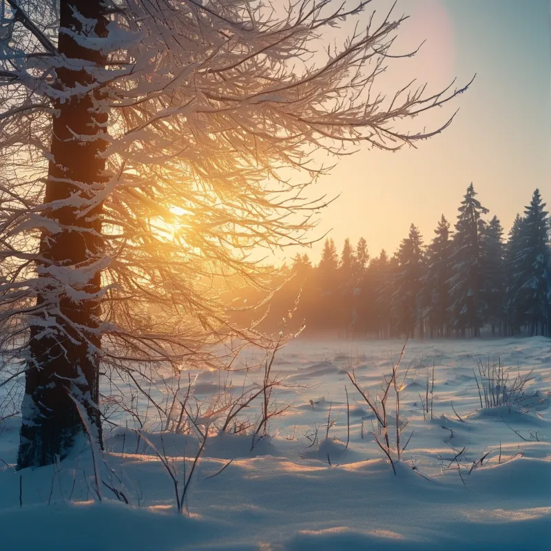 Sunlight in Snowy Forest