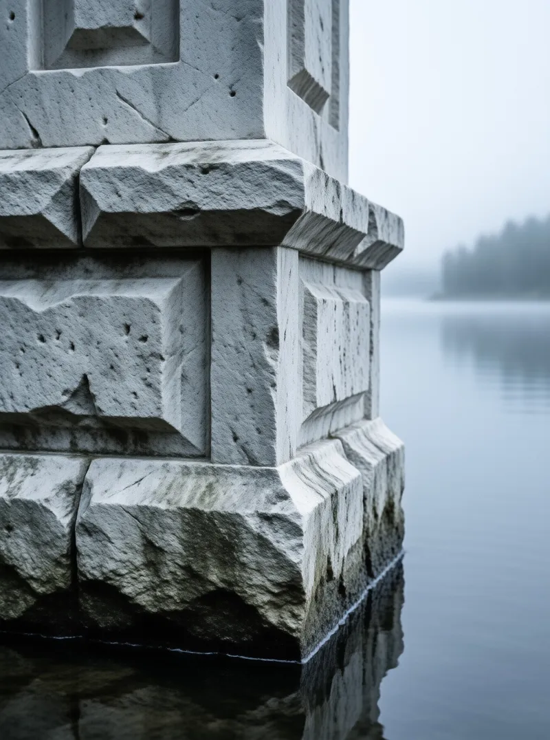The worn block corner of an old stone pillar stands in calm water, its background dissolved in grey fog.