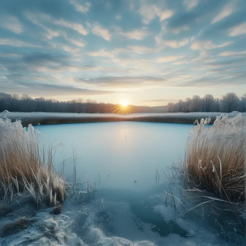Sun rises over a distant frosty treeline, shining golden light across a smooth frozen lake flanked by frost covered dry reeds.