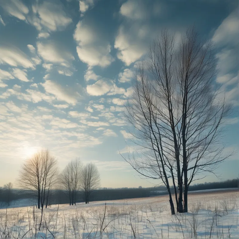 Leafless trees rise from a snow-covered plain under bright winter sky with pale clouds, low sun glowing left horizon.