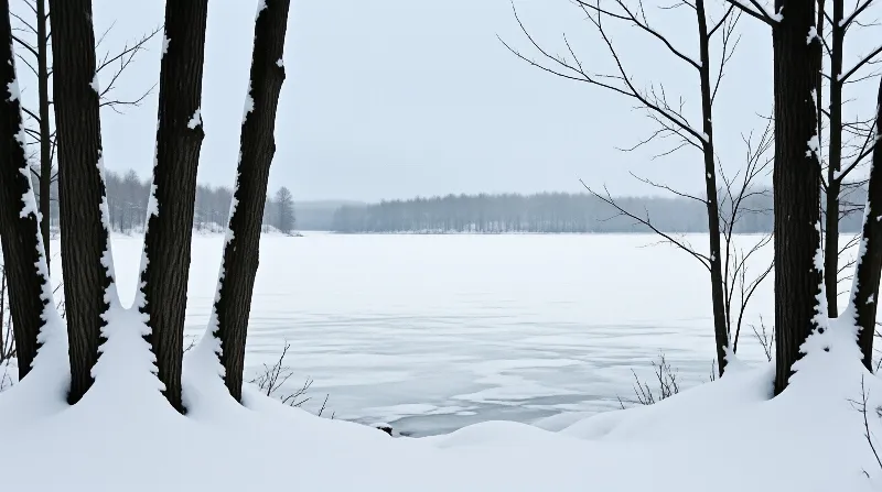 Dark tree trunks rise from deep snow framing a vast white frozen lake under a pale overcast winter sky.