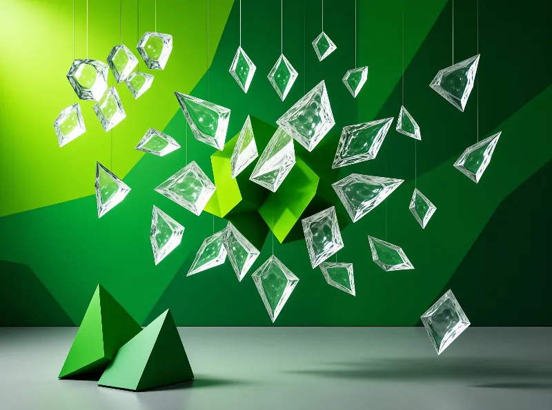 Suspended clear crystal shapes float above solid green pyramids within a minimalist angular green room.
