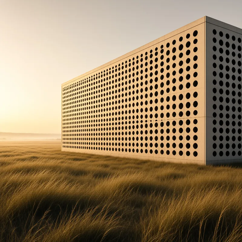 A long beige structure with circular holes stands alone in a wide field of dry grass under a bright sky.