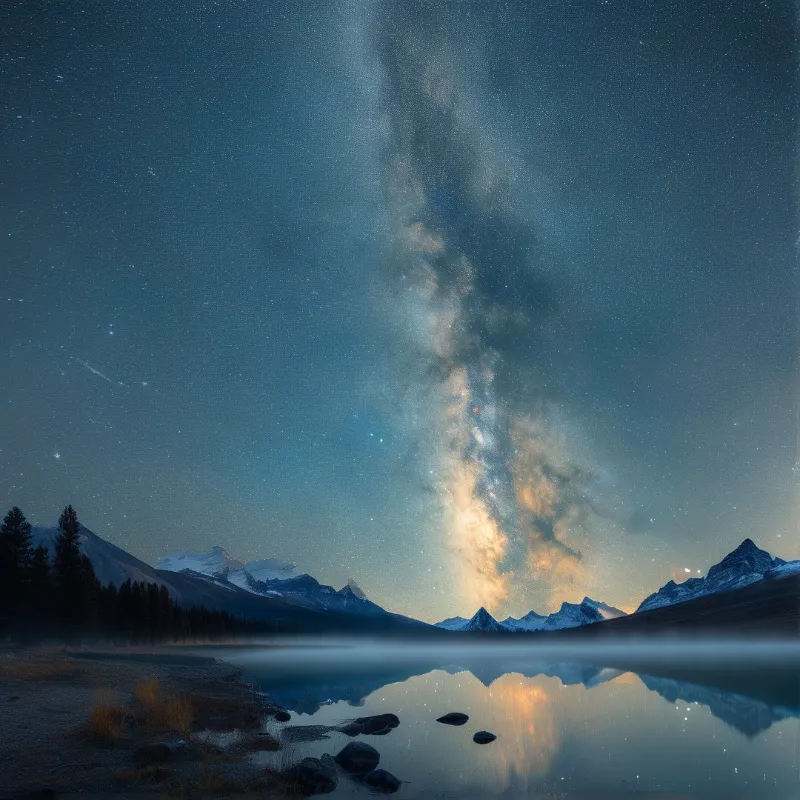 The bright core of the galaxy stretches vertically between rugged snow covered peaks while the entire celestial scene mirrors perfectly in the calm water below.