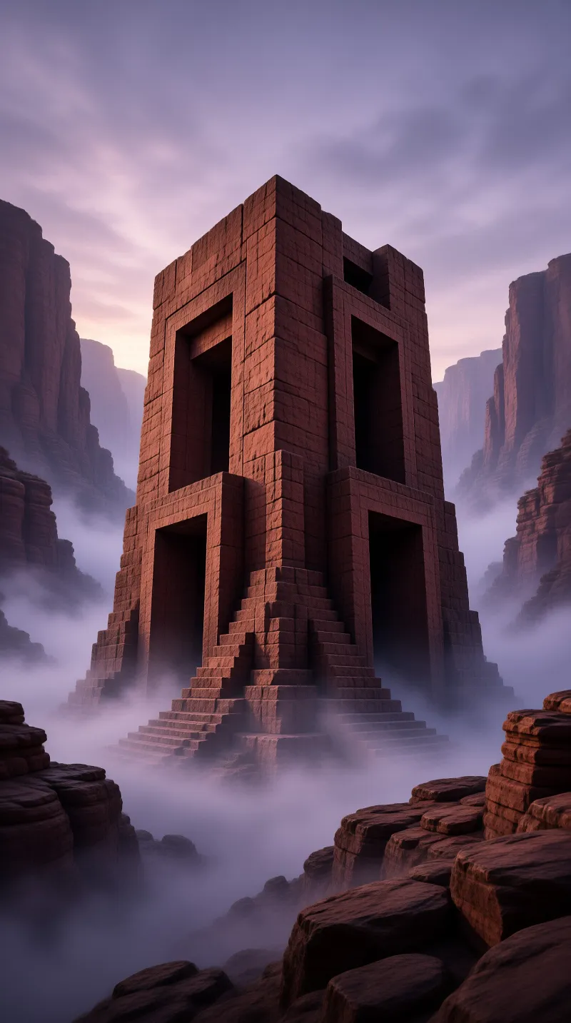 A colossal reddish architectural ruin emerges from dense valley fog beneath a soft lavender sky.
