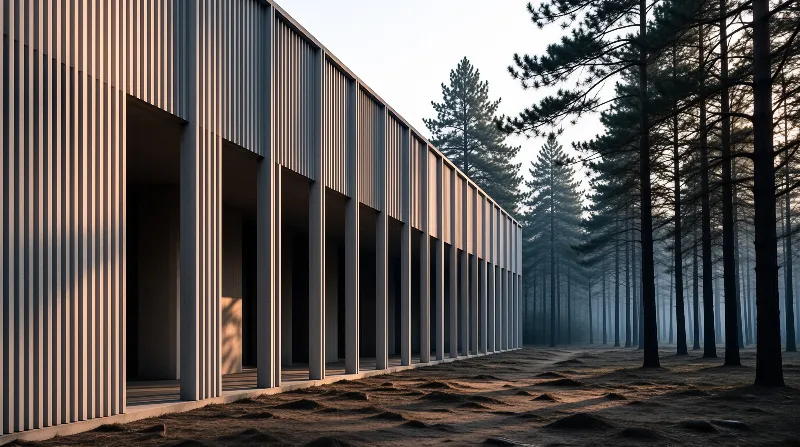 A long modern building with vertical slats stands next to a foggy pine forest under soft morning light