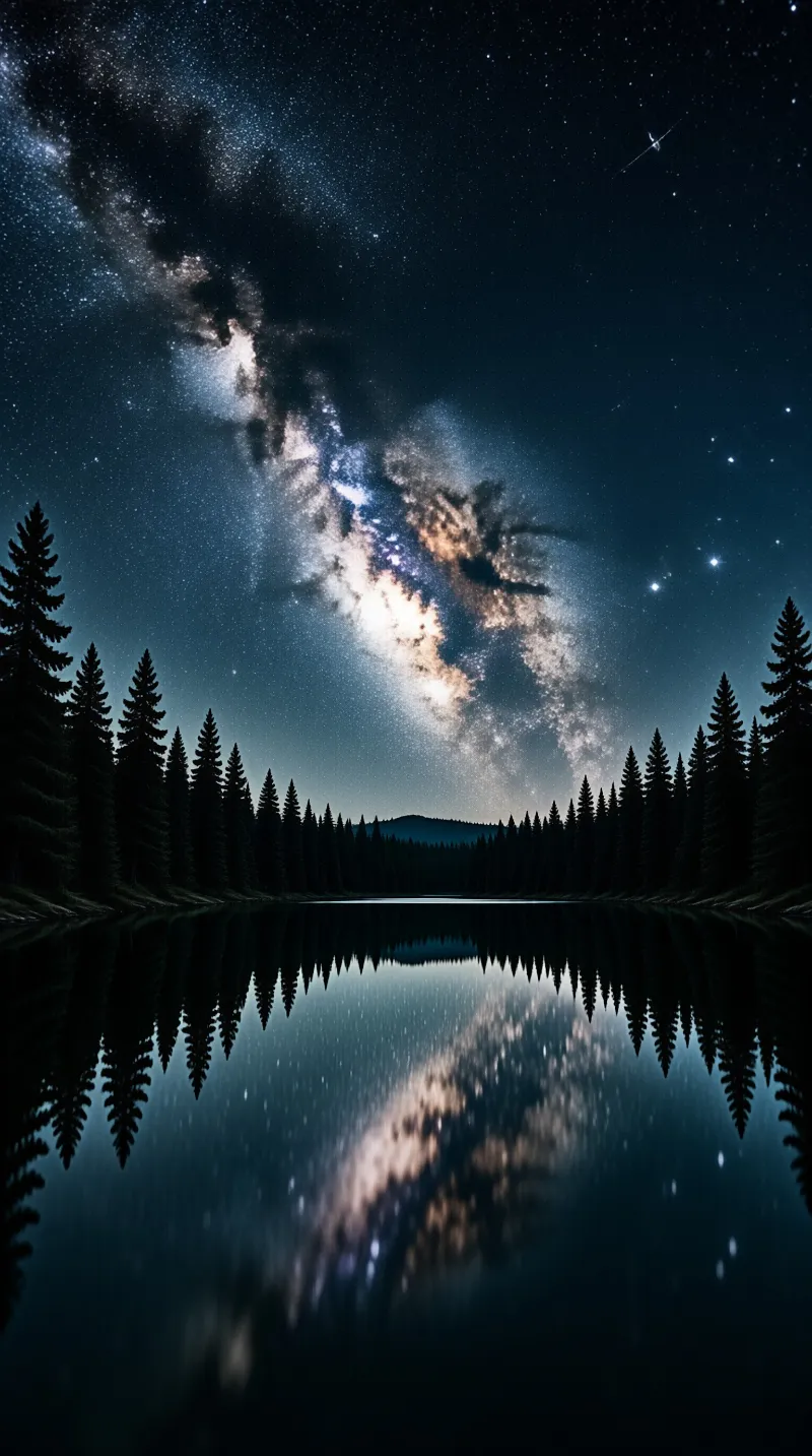 The Milky Way spans a dark sky above a calm lake mirroring the stars and surrounding coniferous tree silhouettes.