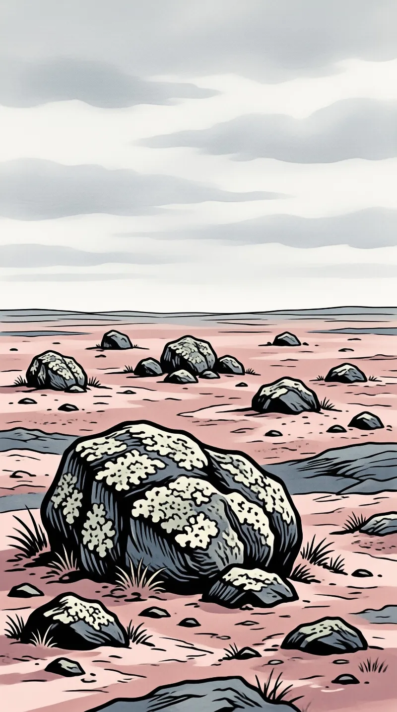 An illustrated scene shows a desolate desert plain with scattered boulders featuring white lichen patches resting on reddish soil beneath a cloudy grey sky.