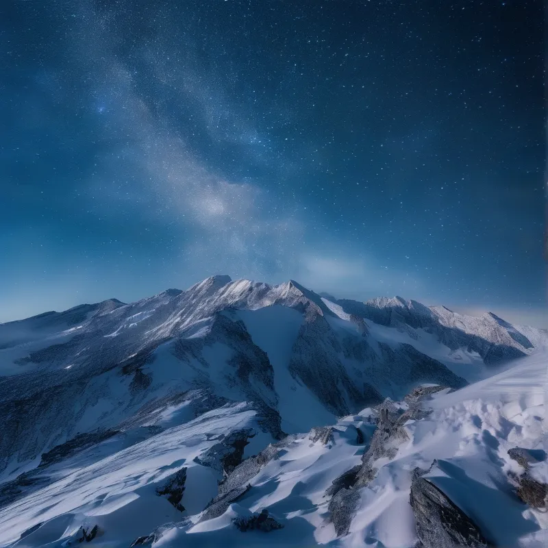 Rough snow covered mountains stand under a vast dark blue sky filled with bright stars and the faint glow of the galaxy.