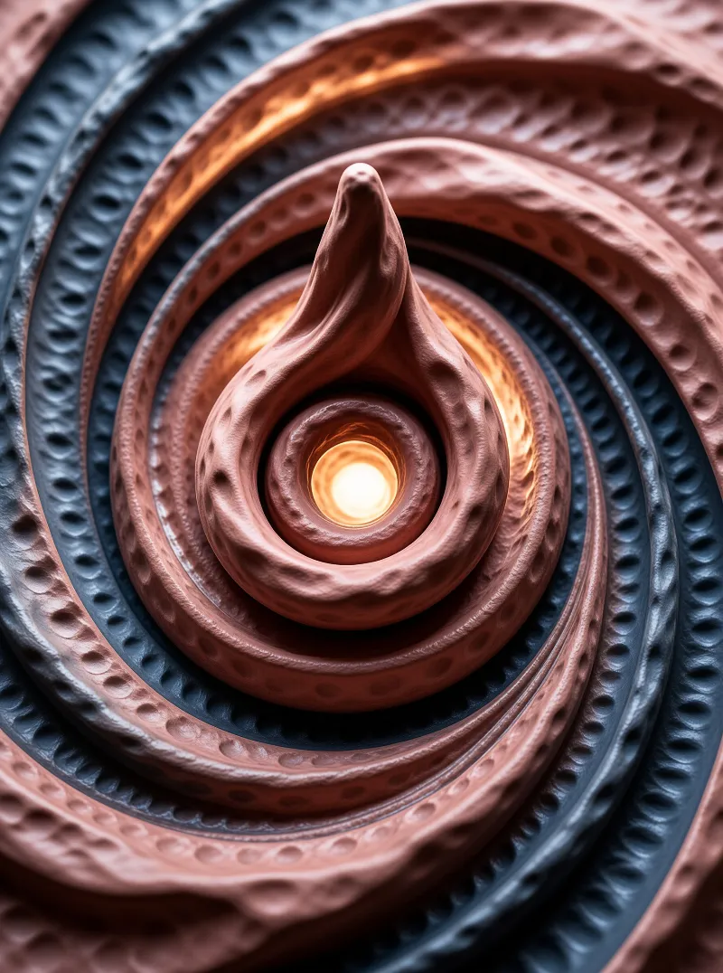 A mesmerizing spiral of hammered copper and blue metal rings converges toward a brilliant golden light source in the center.