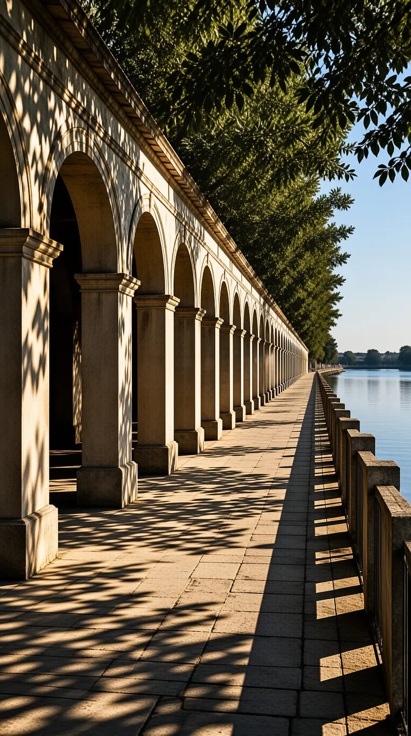 A colonnade of sandstone arches stretches beside calm water while leaf shadows stripe the walkway