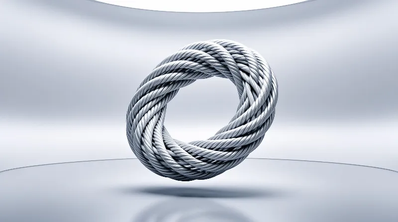 A metallic braided cable forms a circular ring floating above a glossy reflective surface in a soft lit studio environment.