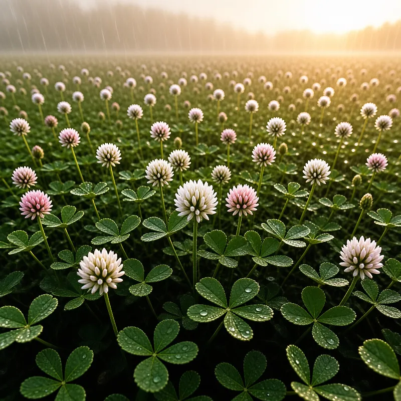 A vast field of white and pink clover flowers with wet green leaves stretches toward a bright horizon.