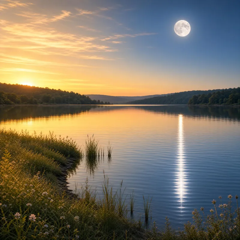 Sunset and Moon Over Lake
