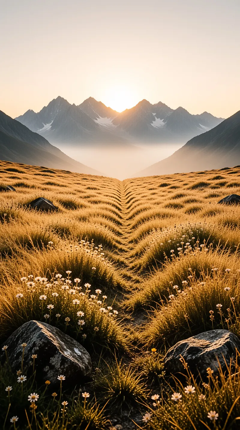 Rounded clumps of lit grass roll toward a gap between dark alpine peaks, with low cloud pooling in the distance at sunrise.