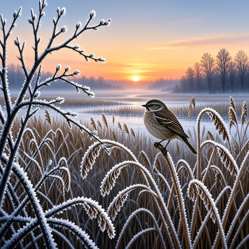 A small brown songbird rests on frosted reed stalks in a frozen wetland, with soft sunrise light glowing over fog covered water and distant trees