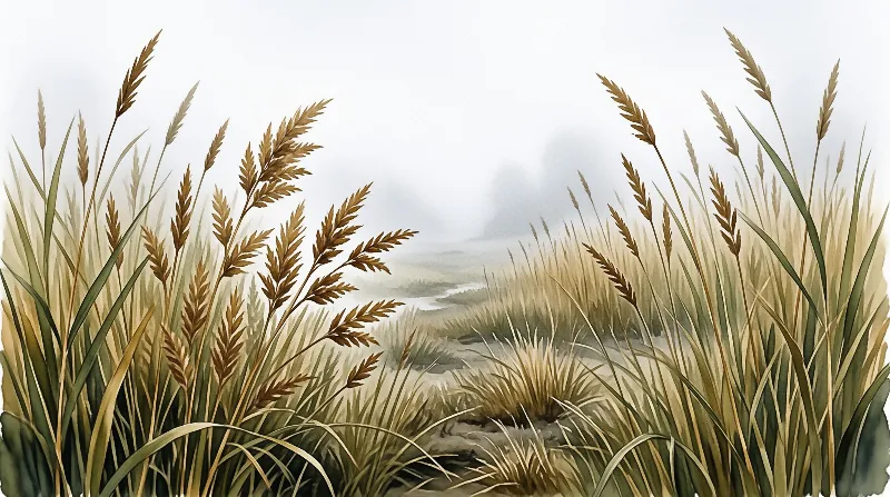 Tall brown and green grasses line a winding path that disappears into a thick gray mist.