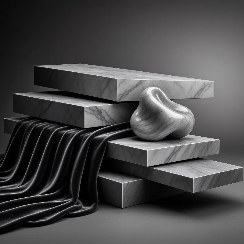 Stacked grey stone plates alternate with folds of dark fabric around a smooth organic marble form in soft studio light