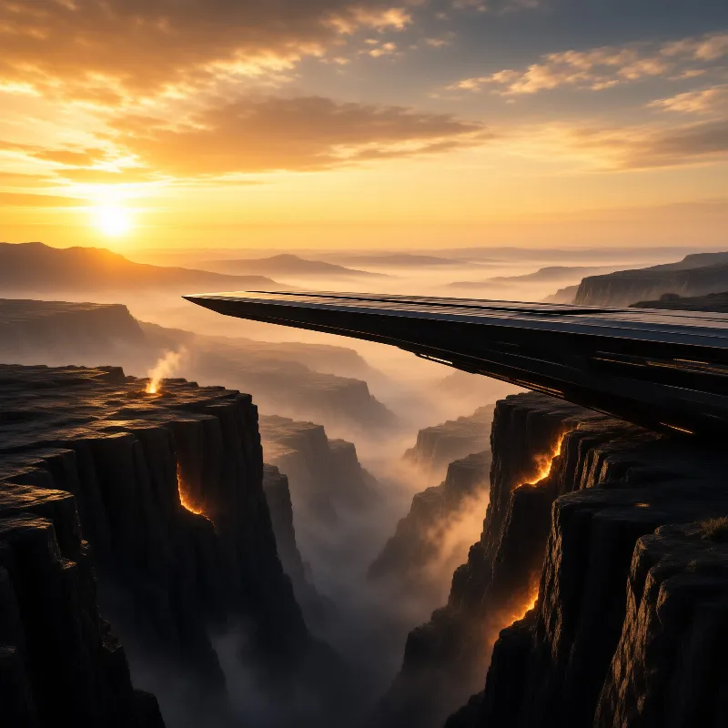 A large dark angular roof structure extends over a rugged canyon landscape while the sun sets on the horizon casting golden light across the misty valleys and glowing cracks in the rock face.