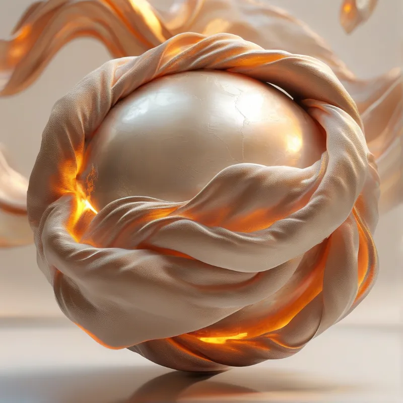 A smooth pale sphere floats amidst swirling beige fabric illuminated from below by bright orange light.