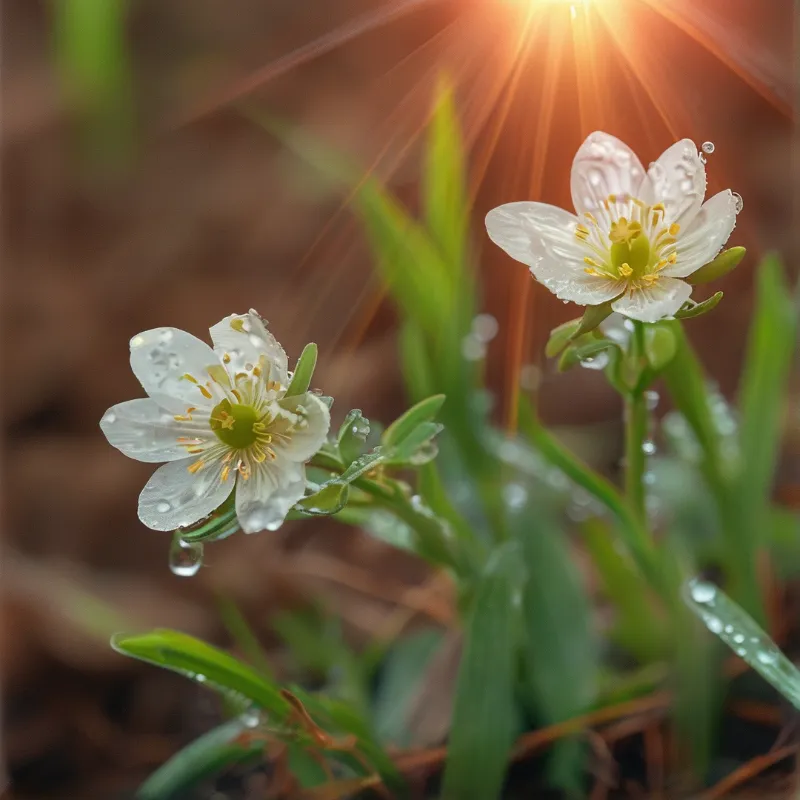 Two white marsh marigolds with dew on their petals glow under warm sunlight in a blurred green setting.