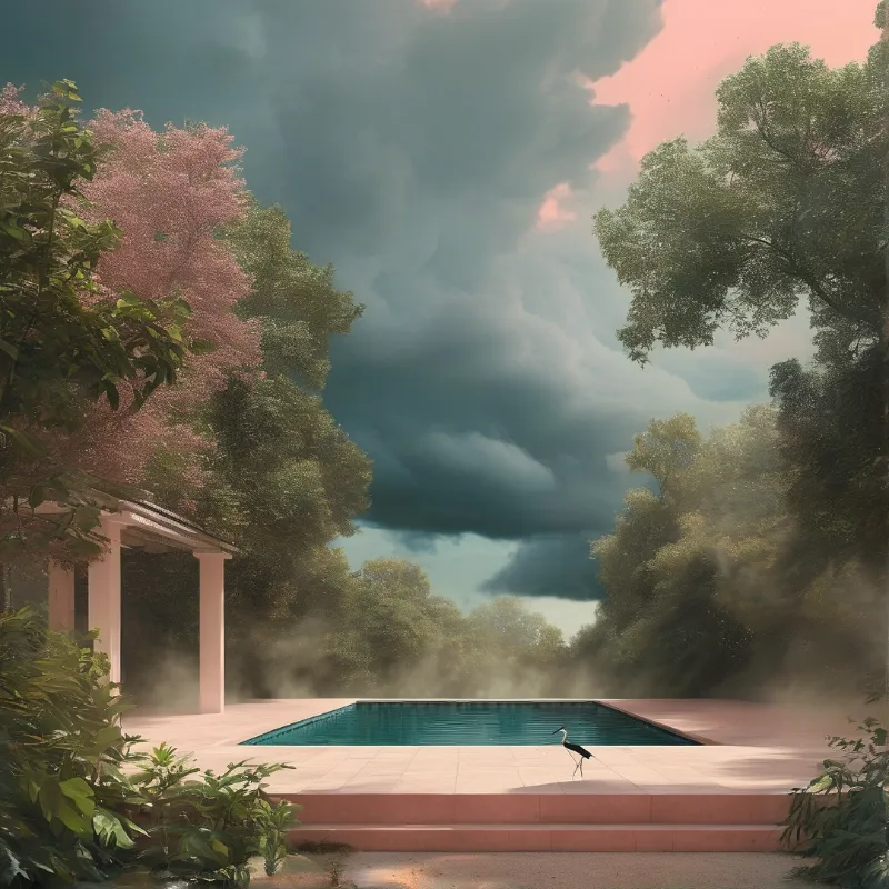 A lone heron walks beside a swimming pool surrounded by misty trees and a dramatic sky with dark clouds and pinkish light.