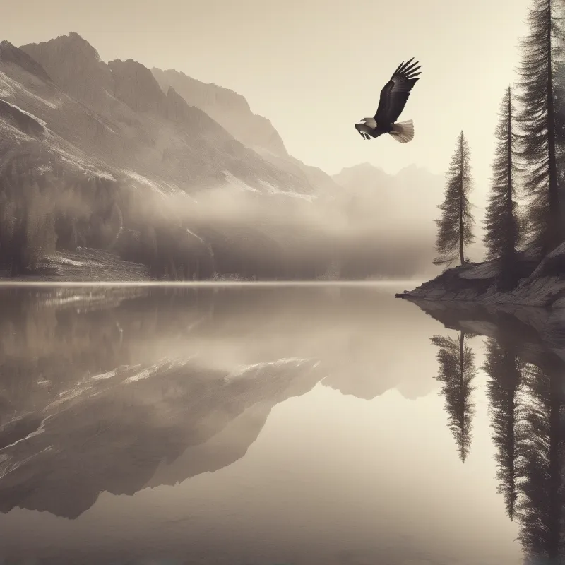 A large eagle soars above a glassy mountain lake where misty peaks and tall pines mirror in the calm sepia water.