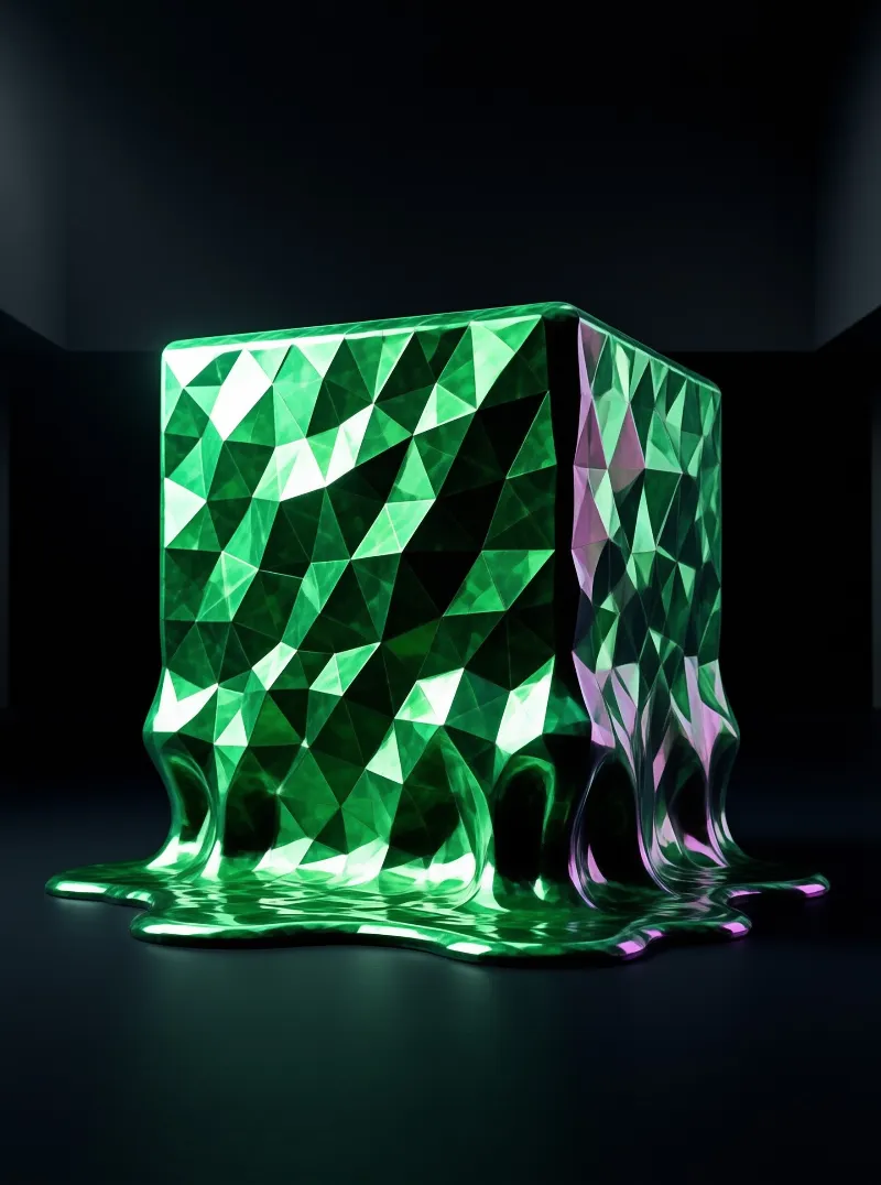 A faceted green crystal cube melting into a luminous puddle against a black backdrop